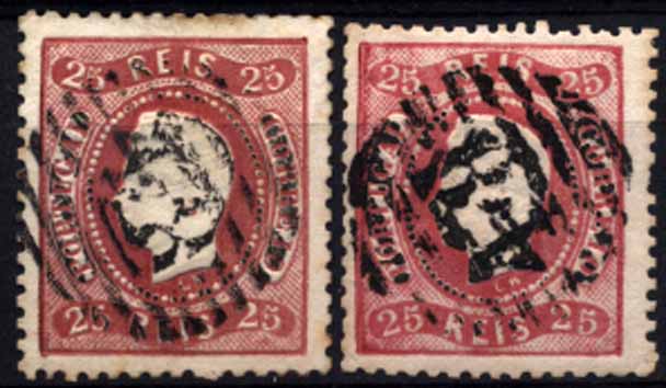 24Lis1911.jpg -     Lote:    1911            Açores       Descrição:         Carimbos numéricos da 1.ª reforma. 1867/1870 &mdash; D. Luís I, fita curva denteados. CE30, 25 reis carmim. Lote de 2 selos do Continente utilizados nos Açores obliterados com carimbos numéricos da 1.ª reforma "48 &mdash; ANGRA". Raros.        O       Valor Base:     &euro; 50,00     Valor Venda:     &euro; 50,00     