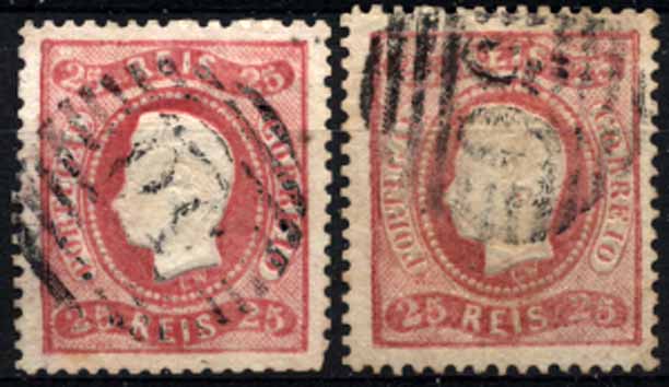 24Lis1912.jpg -     Lote:    1912            Açores       Descrição:         Carimbos numéricos da 1.ª reforma. 1867/1870 &mdash; D. Luís I, fita curva denteados. CE30, 25 reis carmim. Lote de 2 selos do Continente utilizados nos Açores obliterados com carimbos numéricos da 1.ª reforma "50 &mdash; PONTA DELGADA". Raros.        O       Valor Base:     &euro; 50,00     Valor Venda:     &euro; 50,00     