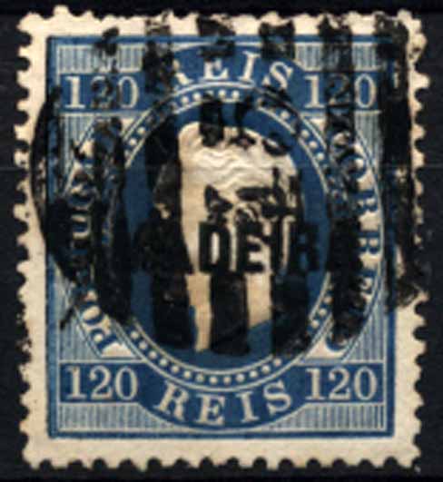 24Lis1916.jpg -     Lote:    1916            Madeira       Descrição:         1870/76 &mdash; D. Luís I, fita direita. CE21, 120 reis azul, denteado 12 &frac12;, obliterado com carimbo numérico de barras da 2.ª reforma "45 &mdash; FUNCHAL". Valor de catálogo &euro; 133,00.        O       Valor Base:     &euro; 25,00     Valor Venda:     Retirado     