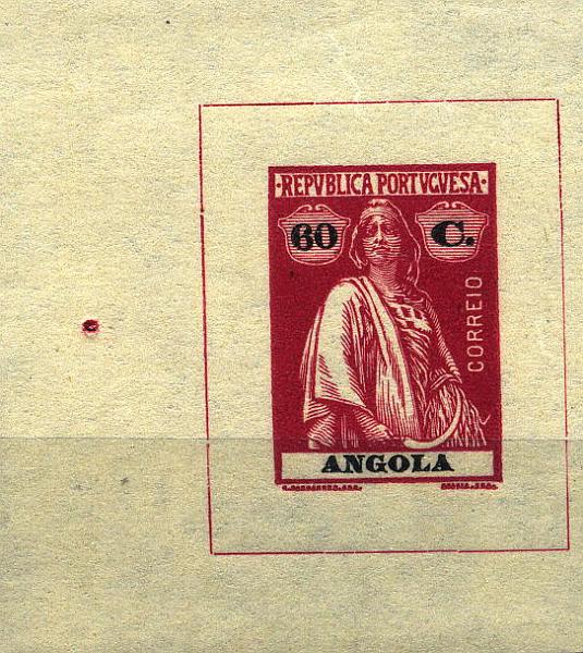 24Lis1920.jpg -     Lote:    1920      Atenção! Pertence a "Provas"      Angola       Descrição:         1925/26 &mdash; Ceres. Prova clandestina não denteada em papel liso do selo de 60 ctvs na cor carmim (cor aprovada).         PRV       Valor Base:     &euro; 10,00     Valor Venda:     &euro; 14,00     