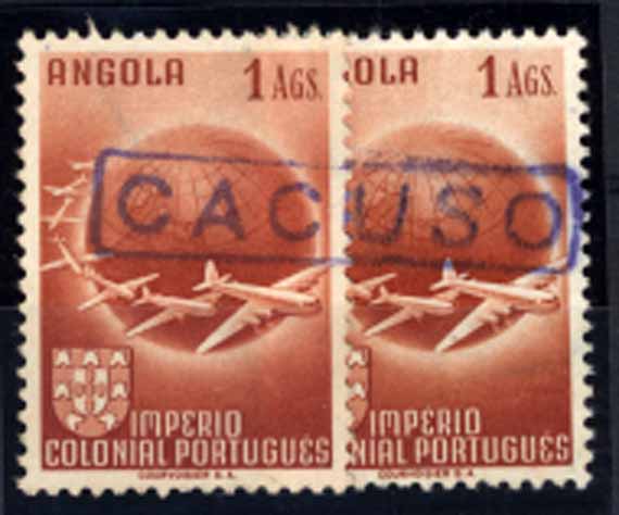 24Lis1935.jpg -     Lote:    1935            Angola       Descrição:         Carimbos nominativos ferroviários. Dois selos de 1$00 CE306, obliterados com carimbo nominativo de CACUSO, batido a violeta.        O       Valor Base:     &euro; 50,00     Valor Venda:     &euro; 80,00     