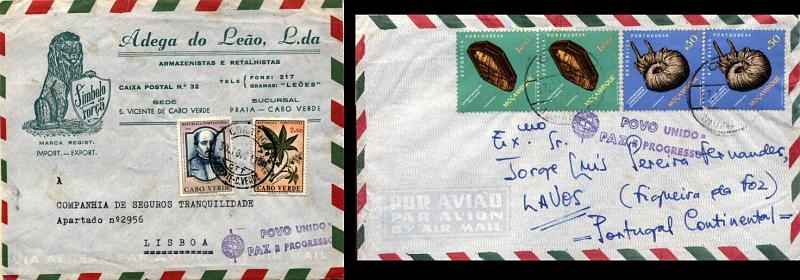 24Lis1939.jpg -     Lote:    1939            Cabo Verde       Descrição:         Carimbos patrióticos. Lote composto por dois sobrescritos, um de Cabo Verde com selos CE332 e 341 e outro de Moçambique com selos 2xCE519 e 2xCE520, ambos com carimbos patrióticos batidos a violeta "POVO UNIDO / PAZ E PROGRESSO".        Carta       Valor Base:     &euro; 6,00     Valor Venda:     &euro; 28,00     