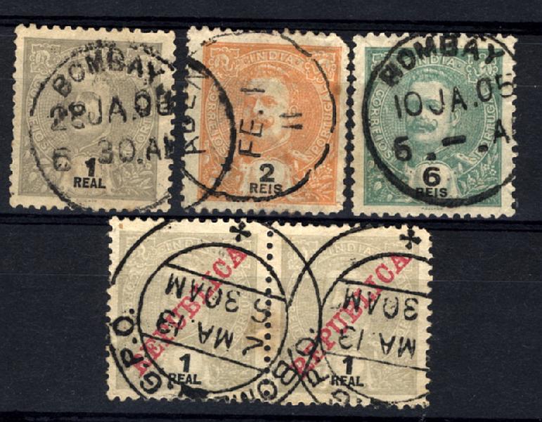 24Lis1942.jpg -     Lote:    1942            Índia       Descrição:         Marcofilia estrangeira diversa sobre selos portugueses. Lote de 3 selos simples e 1 par da emissão de D. Carlos I tipo Mouchon, obliterados com carimbos de Bombay (2), Aden e Bombay G.P.O.        Lote       Valor Base:     &euro; 5,00     Valor Venda:     Retirado     