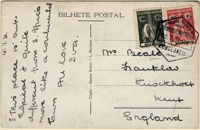 24Lis1950.jpg -     Lote:    1950            Moçambique e Distritos Postais       Descrição:         Carimbos de ambulância ferroviária. Postal ilustrado com selos tipo Ceres de 30C e 60C CE241 e 255, circulado de Lourenço Marques (21.07.31) para a Inglaterra. Carimbo hexagonal "LOURENÇO MARQUES / AMBULANCIA".        PI       Valor Base:     &euro; 20,00     Valor Venda:     &euro; 80,00     