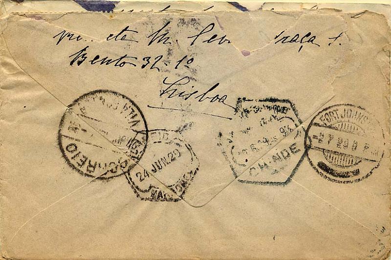 24Lis1951.jpg -     Lote:    1951            Moçambique e Distritos Postais       Descrição:         Marcofilia diversa. Sobrescrito circulado de Lisboa (19.05.29) para Mandimba via Fort Johnston. Marcas de passagem por Chinde (19.0629), Marromeu (24.06.29), Vila Fontes (27.06.29) e Fort Johnston (27.06.29).. Interessante percurso.        Carta       Valor Base:     &euro; 25,00     Valor Venda:     &euro; 25,00     