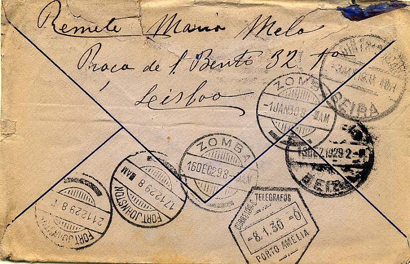24Lis1952.jpg -     Lote:    1952            Moçambique e Distritos Postais       Descrição:         Marcofilia diversa. Sobrescrito circulado de Lisboa (16.11.29) para Mandimba, via Beira e Fort Johnston e reendereçado para Porto Amélia (08.01.30). Marcas de passagem pela Beira (13.12.29), Zomba (16.12.29), Fort Johnston (17.12.29 e 21.12.29), Zomba (01.01.30) e Beira (03.01.30). Interessante percurso.        Carta       Valor Base:     &euro; 25,00     Valor Venda:     &euro; 25,00     
