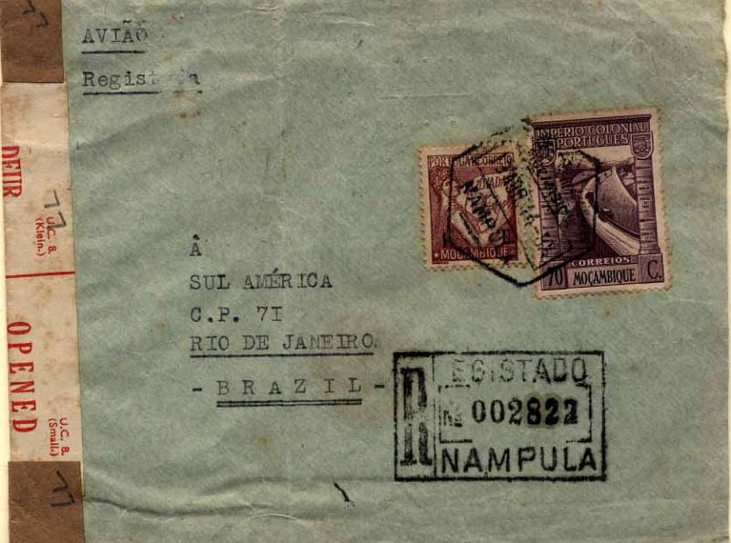 24Lis1957.jpg -     Lote:    1957            Moçambique e Distritos Postais       Descrição:         Carimbos de registo. Sobrescrito circulado registado de Nampula (13.04.44) para o Brasil com selo de 1E tipo Lusíadas e 70C Império Colonial Português. Carimbo hexagonal e de registo de NAMPULA.        O       Valor Base:     &euro; 20,00     Valor Venda:     &euro; 65,00     