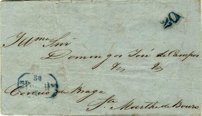 24Lis2118.jpg -     Lote:    2118      Lotes pelo Correio              Descrição:      Porto &mdash;   A azul GM PRT19, em carta datada do Porto (30.08.1851) para St.ª Marta do Bouro, com o porte de 20 reis batido a azul.        Carta       Valor Base:     &euro; 5,00     Valor Venda:     Retirado     