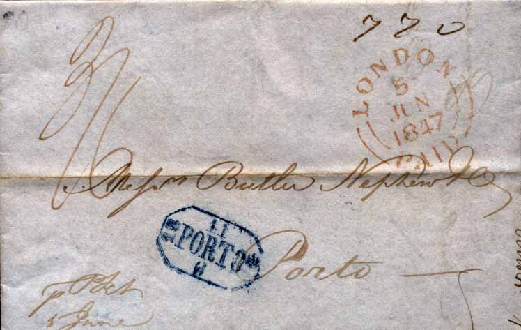 24Lis2119.jpg -     Lote:    2119      Lotes pelo Correio              Descrição:      Porto &mdash;   A azul, GM PRT18 em carta datada de Londres (05.06.1847) para o Porto (11.06.1847) com o porte manuscrito a sépia de 770 reis.        Carta       Valor Base:     &euro; 5,00     Valor Venda:     Retirado     