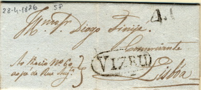 24Lis2122.jpg -     Lote:    2122      Lotes pelo Correio              Descrição:      Vizeu &mdash;   A preto, GM VIS5, em carta datada de Viseu (28.04.1826) para Lisboa com o porte batido a preto de 40 reis.         Carta       Valor Base:     &euro; 5,00     Valor Venda:     Retirado     