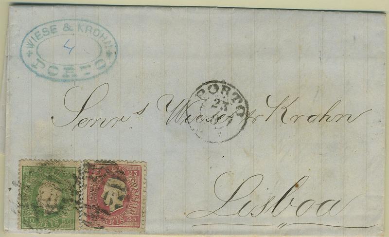 24Lis2131.jpg -     Lote:    2131      Lotes pelo Correio       Portugal       Descrição:         1870/76 &mdash; D. Luís I, fita direita. Carta circulada do Porto (23.08.1875) para Lisboa (25.08.1875), com selos de 25 reis carmim, denteado 12 &frac12;, papel liso, CE40 + 50 reis verde, papel liso, denteado 12 &frac12;, CE41. Pequenos defeitos no selo de 25 reis        Carta       Valor Base:     &euro; 15,00     Valor Venda:     Retirado     