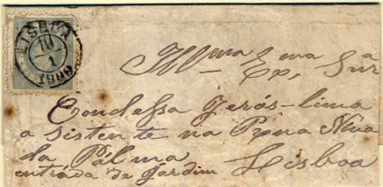 24Lis2132.jpg -     Lote:    2132      Lotes pelo Correio       Portugal       Descrição:         1880/81 &mdash; D. Luís I, de perfil. CE53, 25 reis azul cinzento, denteado 12 &frac12;, em carta circulada em Lisboa (10.01.1890).        Carta       Valor Base:     &euro; 3,00     Valor Venda:     Retirado     