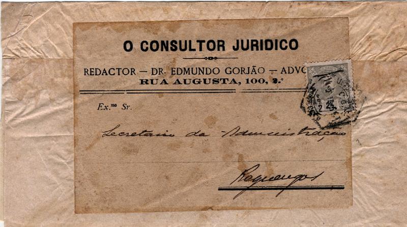 24Lis2133.jpg -     Lote:    2133      Lotes pelo Correio       Portugal       Descrição:         1895 &mdash; D. Carlos I Mouchon. Cinta de jornal "O Consultor Jurídico", circulado de Lisboa para Reguengos com selo de 2 &frac12; reis cinzento, CE126.        CNT       Valor Base:     &euro; 4,00     Valor Venda:     &euro; 4,00     