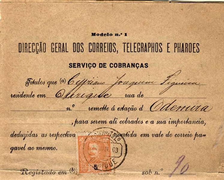 24Lis2135.jpg -     Lote:    2135      Lotes pelo Correio       Portugal       Descrição:         1895 &mdash; D. Carlos I tipo Mouchon. Lote de dois impressos de Serviço de Cobrança com selos para pagamento do impresso: um com selo de 5 reis laranja CE127 e outro com dois selos de 2 &frac12; cinzento CE126.        Lote       Valor Base:     &euro; 5,00     Valor Venda:     &euro; 5,00     