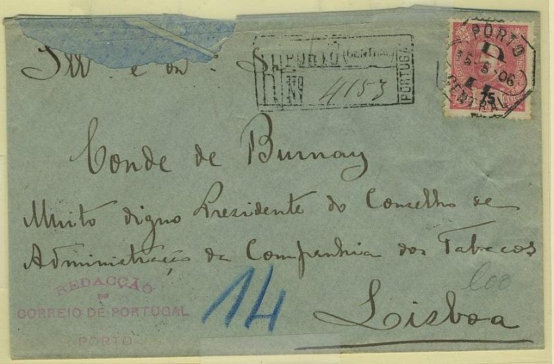 24Lis2136.jpg -     Lote:    2136      Lotes pelo Correio       Portugal       Descrição:         1895/96 &mdash; D. Carlos I Mouchon. CE133, 75 reis carmim rosa em sobrescrito circulado registado do Porto (15.05.06) para Lisboa. Falta de papel no sobrescrito.        Carta       Valor Base:     &euro; 6,00     Valor Venda:     Retirado     