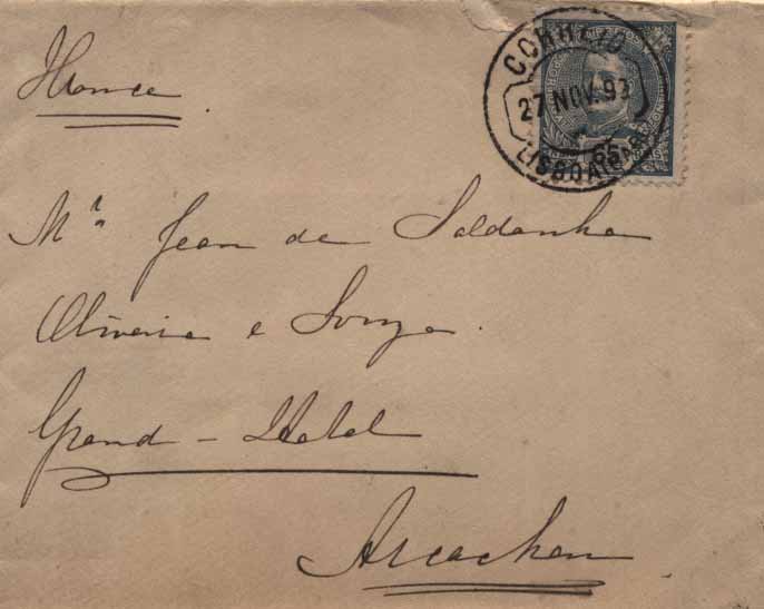 24Lis2138.jpg -     Lote:    2138      Lotes pelo Correio       Portugal       Descrição:         1898/1905 &mdash; D. Carlos I. Novas cores e valores. Sobrescrito circulado de Lisboa (27.11.99) para a Holanda (29.11.99) com selo de 65 reis azul cinzento, CE1433.        Carta       Valor Base:     &euro; 4,00     Valor Venda:     Retirado     