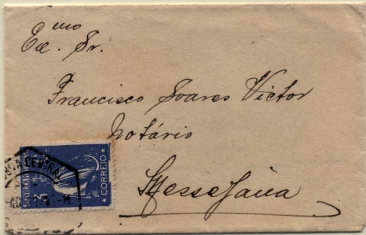 24Lis2141.jpg -     Lote:    2141      Lotes pelo Correio       Portugal       Descrição:         1920/22 &mdash; Ceres. Novas taxas e cores. CE235, 3C azul, papel acetinado, denteado 15x14. Pequeno sobrescrito circulado de Lisboa (??.09.21) para a Messejana. Porte de impresso.        Carta       Valor Base:     &euro; 4,00     Valor Venda:     Retirado     