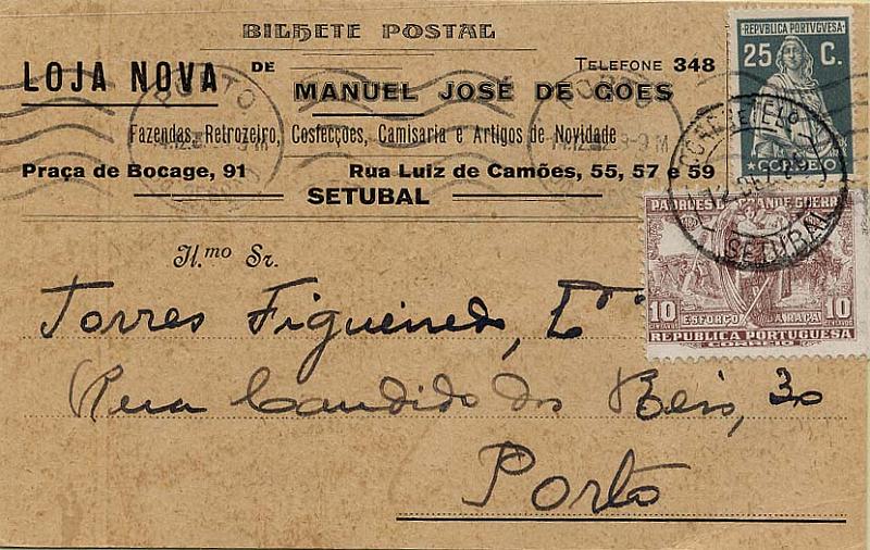 24Lis2147.jpg -     Lote:    2147      Lotes pelo Correio       Portugal       Descrição:         1928 &mdash; Imposto Postal * Padrões da Grande Guerra. Postal ilustrado circulado de Setúbal (12.12.28) para o Porto, com selo tipo Ceres de 25C CE404 + selo de imposto CE IP16 (sépia).        PI       Valor Base:     &euro; 5,00     Valor Venda:     &euro; 7,00     