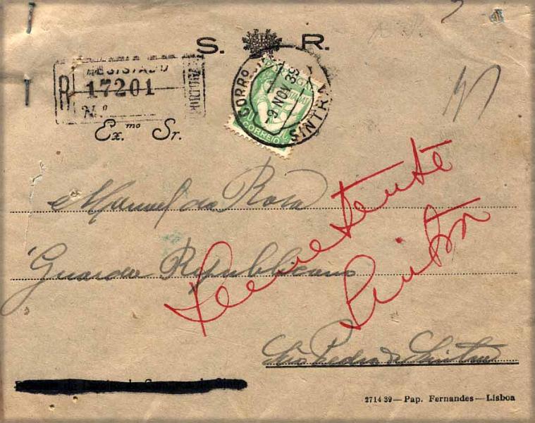 24Lis2148.jpg -     Lote:    2148      Lotes pelo Correio       Portugal       Descrição:         1931/35 &mdash; Lusíadas + Tudo pela Nação. Sobrescrito circulado registado de Sintra (09.11.39) para S. Pedro de Sintra, com selo de 80C CE524 + Aviso de recepção da carta anterior, devolvida ao remetente, com selos de 30C Lusíadas CE544 e TPN de $40 CE571.        Carta       Valor Base:     &euro; 5,00     Valor Venda:     Retirado     