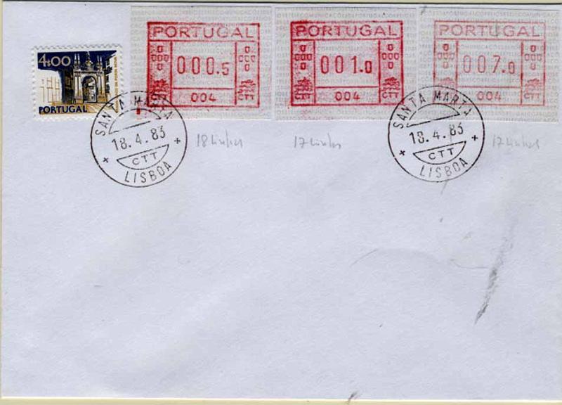 24Lis2152.jpg -     Lote:    2152      Lotes pelo Correio       Portugal       Descrição:         1981 &mdash; Correios e Telecomunicações de Portugal. CE ETQ1. Máquina 004. Sobrescrito com etiquetas de 000.5 (18 linhas) + 001.0 (17 linhas) + 007.0 (18 linhas) + selo Paisagens e Monumentos de 4$00, obliterados com carimbo de Lisboa (18.04.83).        Carta       Valor Base:     &euro; 4,00     Valor Venda:     &euro; 4,00     