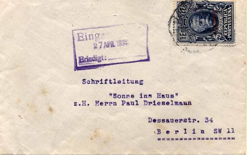 24Lis2153.jpg -     Lote:    2153      Lotes pelo Correio       Açores       Descrição:         1925 &mdash; Centenário do Nascimento de Camilo Castelo Branco, com sobrecarga AÇORES. Sobrescrito circulado de Lisboa para a Alemanha, com selo de 1$60 azul escuro CE 236, usado como selo de recurso no Continente.        Carta       Valor Base:     &euro; 10,00     Valor Venda:     &euro; 10,00     