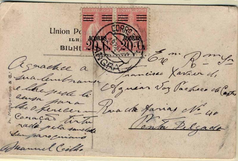 24Lis2154.jpg -     Lote:    2154      Lotes pelo Correio       Açores       Descrição:         1929/30 &mdash; Ceres com sobretaxa. Selos do Continente com sobretaxa AÇORES. Postal ilustrado circulado de Angra (19.11.29) para Ponta Delgada, com par de selos de 20C s/ 25C rosa CE286.        PI       Valor Base:     &euro; 5,00     Valor Venda:     Retirado     