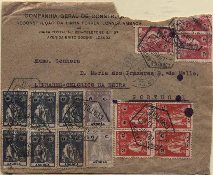 24Lis2156.jpg -     Lote:    2156      Lotes pelo Correio       Angola       Descrição:         1914/22 &mdash; Tipo Ceres. Lote de 3 cartas circuladas com selos Ceres. Lote a ver.        Lote       Valor Base:     &euro; 8,00     Valor Venda:     &euro; 12,00     