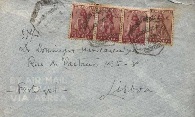 24Lis2157.jpg -     Lote:    2157      Lotes pelo Correio       Angola       Descrição:         1932/1938 &mdash; Ceres + Império Colonial Português. Lote de 3 cartas circuladas com selos Ceres filigranado e Império Colonial + 1 aviso de recepção.        Lote       Valor Base:     &euro; 5,00     Valor Venda:     &euro; 8,00     