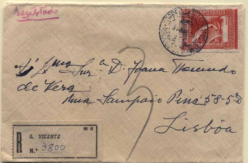 24Lis2159.jpg -     Lote:    2159      Lotes pelo Correio       Cabo Verde       Descrição:         1938 &mdash; Império Colonial Português. Sobrescrito circulado registado de S. Vicente (31.03.49) para Lisboa (09.04.49) com selo de 1$00 CE230.        Carta       Valor Base:     &euro; 4,00     Valor Venda:     &euro; 6,00     