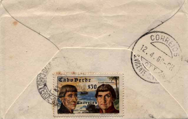 24Lis2160.jpg -     Lote:    2160      Lotes pelo Correio       Cabo Verde       Descrição:         1952 &mdash; Descobrimentos. Sobrescrito de reduzidas dimensões (cartões de visita) circulado de Porto Novo (11.04.60) para Lisboa, com trânsito por S. Vicente (12.01.60) com selo de 30c CE268 (porte de impressos). B.        Carta       Valor Base:     &euro; 5,00     Valor Venda:     &euro; 5,00     