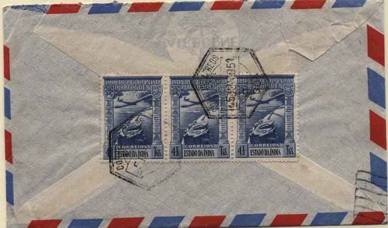 24Lis2162.jpg -     Lote:    2162      Lotes pelo Correio       Índia       Descrição:         1938 &mdash; Correio Aéreo. Império Colonial Português. Sobrescrito circulado por via aérea de Goa (05.06.51) para  Lisboa com tira de 3 selos de 4 &frac12; reis azul CE CA4.        Carta       Valor Base:     &euro; 4,00     Valor Venda:     &euro; 7,00     