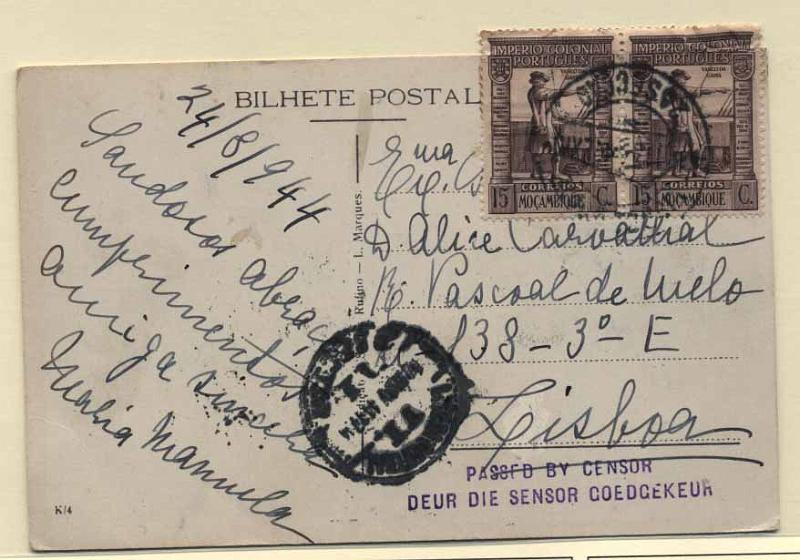 24Lis2170.jpg -     Lote:    2170      Lotes pelo Correio       Moçambique       Descrição:         1938 &mdash; Império Colonial Português. Postal ilustrado circulado de Moçambique para Lisboa (10.11.44), com dois selos de 15C CE292, censurada na África do Sul, por carimbo batido a violeta.        PI       Valor Base:     &euro; 3,00     Valor Venda:     Retirado     