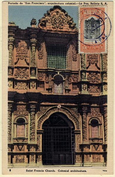 24Lis2249.jpg -     Lote:    2249      Lotes pelo Correio              Descrição:      Bolívia * Portada de S. Francisco (arquitectura colonial).   Postal ilustrado concordante com selo de 0,30 Bs, obliterados com carimbo de La Paz (10.01.55).        PM       Valor Base:     &euro; 10,00     Valor Venda:     &euro; 10,00     