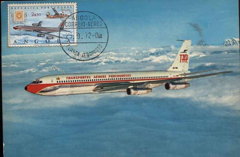 24Lis2254.jpg -     Lote:    2254      Lotes pelo Correio              Descrição:         Temática aviação. Lote de dois postais máximos: Postal ilustrado de Boeing 707 da TAP com selo concordante de 2$50 Correio Aéreo de Angola CE CA31, obliterados com carimbo de Luanda (25.09.72) + Postal com hidroavião Santa Cruz e selo CE529 obliterados com carimbo de Lourenço Marques (20.09.72).        PM       Valor Base:     &euro; 5,00     Valor Venda:     Retirado     