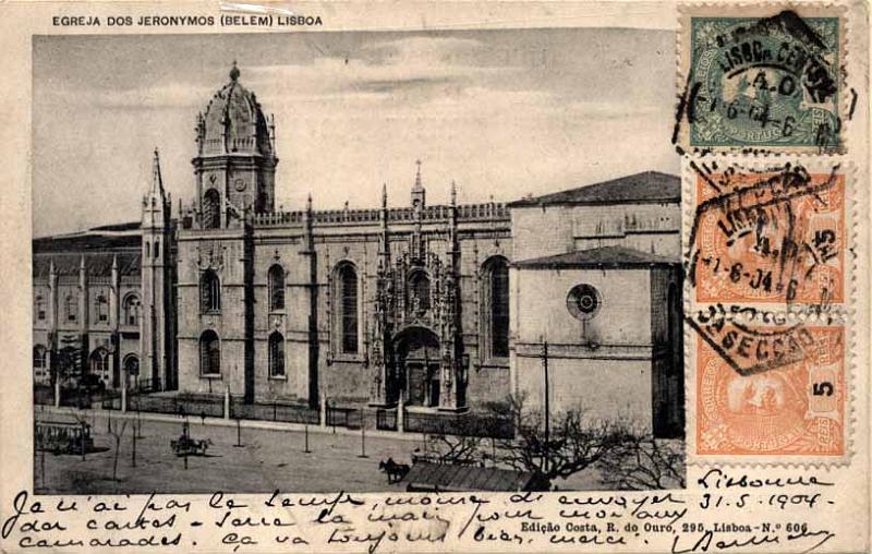 24Lis2292.jpg -     Lote:    2292      Lotes pelo Correio              Descrição:         Lisboa &mdash; Egreja dos Jeronymos (Belém). Circulado de Lisboa (01.06.04) para Paris com selos de 5 reis (2) e 10 reis, emissão D. Carlos I Mouchon.        PI       Valor Base:     &euro; 8,00     Valor Venda:     Retirado     