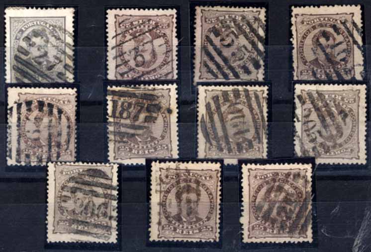 24Lis2711.jpg -     Lote:    2711      Lotes pelo Correio       Portugal       Descrição:         Carimbos numéricos da 2.ª reforma. 1882/83 &mdash; D. Luís de Frente. CE57, 25 reis castanho. Lote de 11 carimbos, todos batidos a preto: 27, 37, 55, 163, 164, 187, 190, 205, 206, 217 e 219.        Lote       Valor Base:     &euro; 15,00     Valor Venda:     &euro; 15,00     