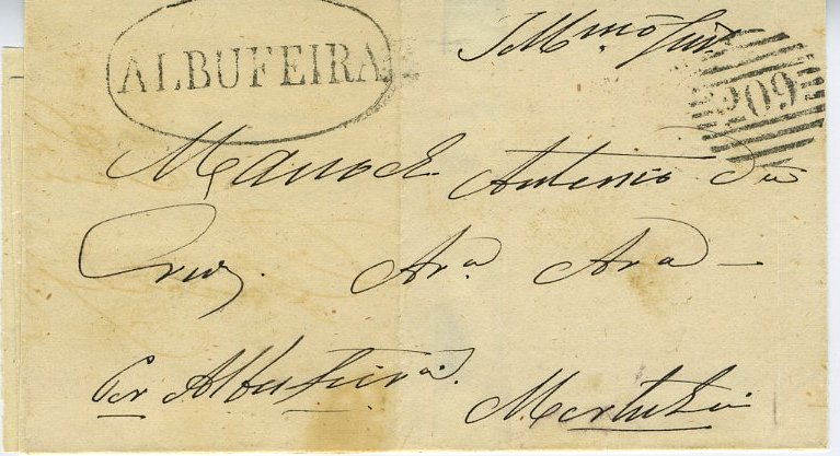 24Lis2713.jpg -     Lote:    2713      Lotes pelo Correio       Portugal       Descrição:         Carimbos nominativos. Carta circulada de Albufeira para Mértola, com trânsito por Faro (25.10.1869) e Beja (26.10.1869), com selo de 25 reis carmim, D. Luís I fita curva, denteado. Selo com defeitos.        Carta       Valor Base:     &euro; 4,00     Valor Venda:     &euro; 4,00     
