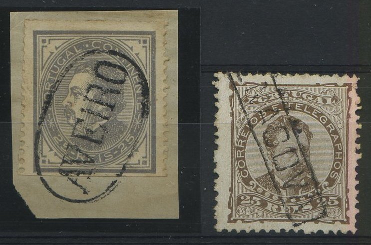 24Lis2717.jpg -     Lote:    2717      Lotes pelo Correio       Portugal       Descrição:         Carimbos nominativos. Lote de dois selos de 25 reis de D. Luís de perfil e D. Luís I de frente, CE54 e 57, obliterados respectivamente com carimbos batidos a preto de AVEIRO e PENACOVA.        O       Valor Base:     &euro; 6,00     Valor Venda:     &euro; 6,00     