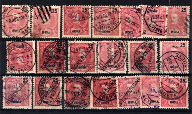 24Lis2723.jpg -     Lote:    2723      Lotes pelo Correio       Portugal       Descrição:         Marcofilia diversa. Lote de 20 selos de 25 reis carmim, D. Carlos I Mouchon, com diferentes carimbos em tipos e localidades. Lote a ver.        Lote       Valor Base:     &euro; 4,00     Valor Venda:     &euro; 6,00     