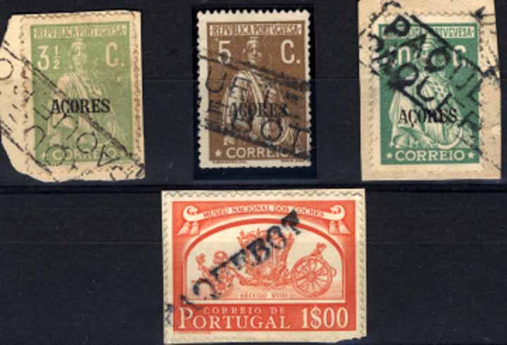 24Lis2730.jpg -     Lote:    2730      Lotes pelo Correio       Portugal       Descrição:         Carimbos do correio marítimo. Lote de 3 selos tipo Ceres com sobrecarga AÇORES + selo de 1$00 Museu Nacional dos Coches, obliterados com carimbos de denominação de origem "PAQUETE/PAQUEBOT" e "PAQUEBOT".        Lote       Valor Base:     &euro; 4,00     Valor Venda:     Retirado     