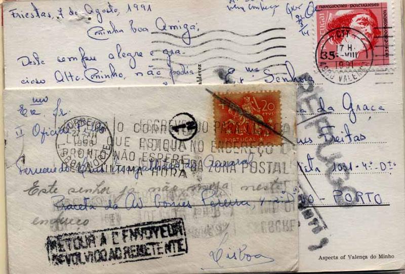 24Lis2732.jpg -     Lote:    2732      Lotes pelo Correio       Portugal       Descrição:         Marcofilia diversa. Lote de 2 sobrescritos e 2 postais ilustrados com marcas administrativas diversas: Devolvido ao remetente, reexpedido e refugo. Lote a ver.        Lote       Valor Base:     &euro; 6,00     Valor Venda:     Retirado     