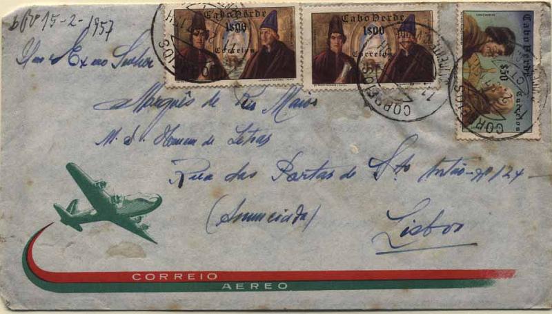 24Lis2735.jpg -     Lote:    2735      Lotes pelo Correio       Cabo Verde       Descrição:         1952 &mdash; Descobrimentos. Sobrescrito circulado por via aérea de S. Vicente (11.02.57) para Lisboa com selos de 1$00 (2) CE270 e $50 CE269.        Carta       Valor Base:     &euro; 4,00     Valor Venda:     Retirado     
