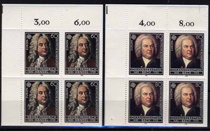 24Lis2750.jpg -     Lote:    2750      Lotes pelo Correio              Descrição:      Alemanha &mdash;   1985 Europa CEPT. Yv1080/81. Série completa em quadras, canto superior esquerdo de folha.        ***       Valor Base:     &euro; 10,00     Valor Venda:     Retirado     