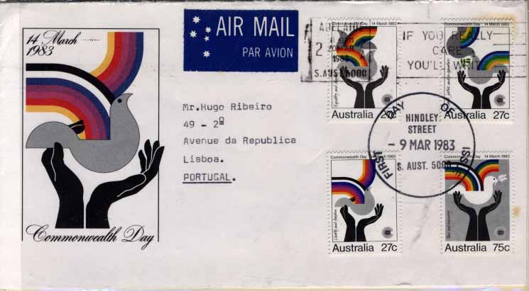 24Lis2756.jpg -     Lote:    2756      Lotes pelo Correio              Descrição:      Austrália.   Lote composto por 3 FDCs (1983 &mdash; Commonwealth Day; 125 th Aniversary of Railways i Austrália; Australian Fungi) + inteiro postal circulado por via aérea (1979). Todos circulados para Portugal.        Lote       Valor Base:     &euro; 5,00     Valor Venda:     Retirado     