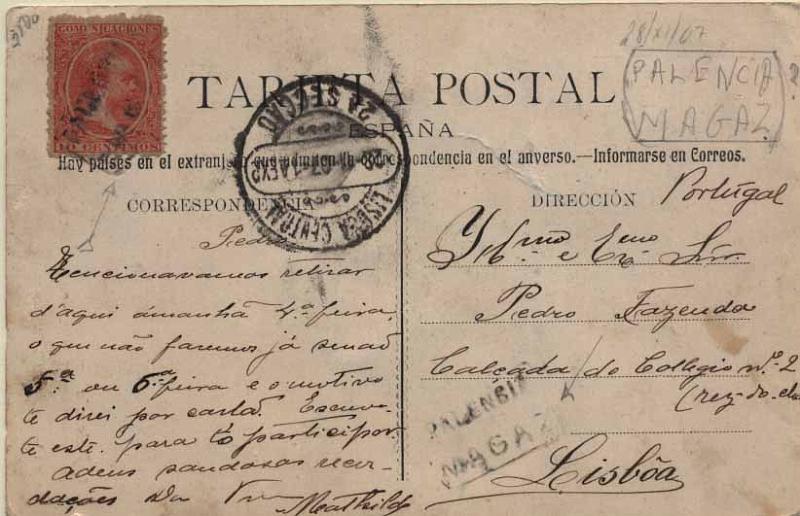 24Lis2770.jpg -     Lote:    2770      Lotes pelo Correio              Descrição:      Espanha.   Postal ilustrado circulado de Palência para Lisboa (28.11.07), obliterado com carimbo nominativo "PALENCIA / MAGAZ", batido a preto.        PI       Valor Base:     &euro; 6,00     Valor Venda:     Retirado     