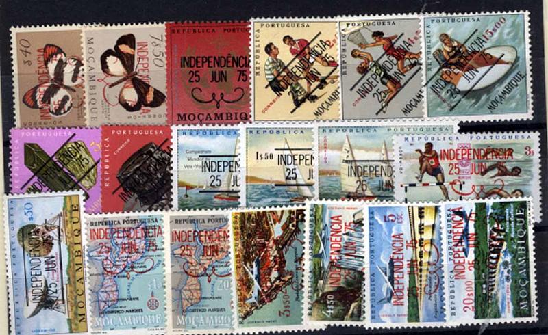 24Lis2801.jpg -     Lote:    2801      Lotes pelo Correio              Descrição:      Moçambique * Palops.   1975 &mdash; Selos coloniais com sobrecarga INDEPENDÊNCIA. CE1/19. Série completa de 19 valores.         ***       Valor Base:     &euro; 9,00     Valor Venda:     &euro; 9,00     