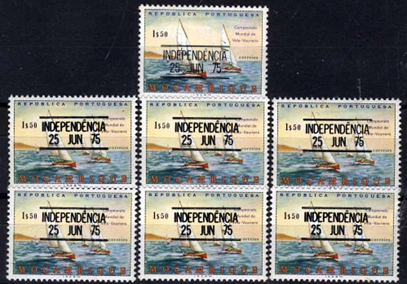 24Lis2803.jpg -     Lote:    2803      Lotes pelo Correio              Descrição:      Moçambique * Palops.   1975 &mdash; Selos coloniais com sobrecarga INDEPENDÊNCIA. Campeonato Mundial de Vela. Lote de 6 selos de 1$50 com dupla sobrecarga + selo com impressão.        ***       Valor Base:     &euro; 6,00     Valor Venda:     Retirado     