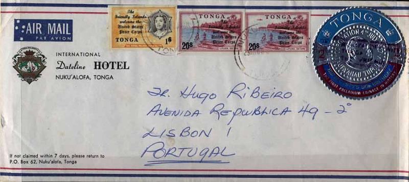 24Lis2811.jpg -     Lote:    2811      Lotes pelo Correio              Descrição:      Tonga.   Sobrescrito circulado do Tonga (23.08.60) para Lisboa com selo circular "The First Palladium Coinage in History / His Magesty's 50th Birthday) + 3 selos não denteados.        Carta       Valor Base:     &euro; 8,00     Valor Venda:     &euro; 8,00     