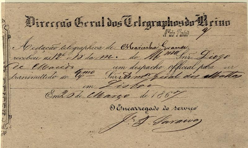 24Lis2821.jpg -     Lote:    2821      Lotes pelo Correio              Descrição:         1867 &mdash; Recibo de envio de telegrama passado pela Estação Telegráfica da Marinha Grande em 20 de Março de 1867.         DOC       Valor Base:     &euro; 5,00     Valor Venda:     Retirado     