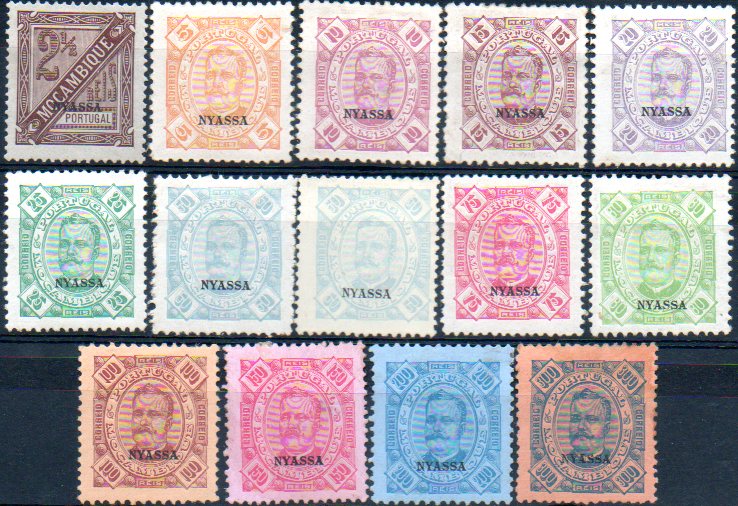 0003.jpg -     Lote:    3      Colecção IMPÉRIO      Companhia do Niassa       Descrição:         1898 &mdash; D. Carlos I. Selos de Moçambique com sobrecarga NYASSA. CE1/13. Série completa + selo de 50 reis em papel pontinhado, denteado 12 &frac12;. Valor de catálogo &euro; 72,95.        **       Valor Base:     &euro; 20,00     Valor Venda:     &euro; 24,00     